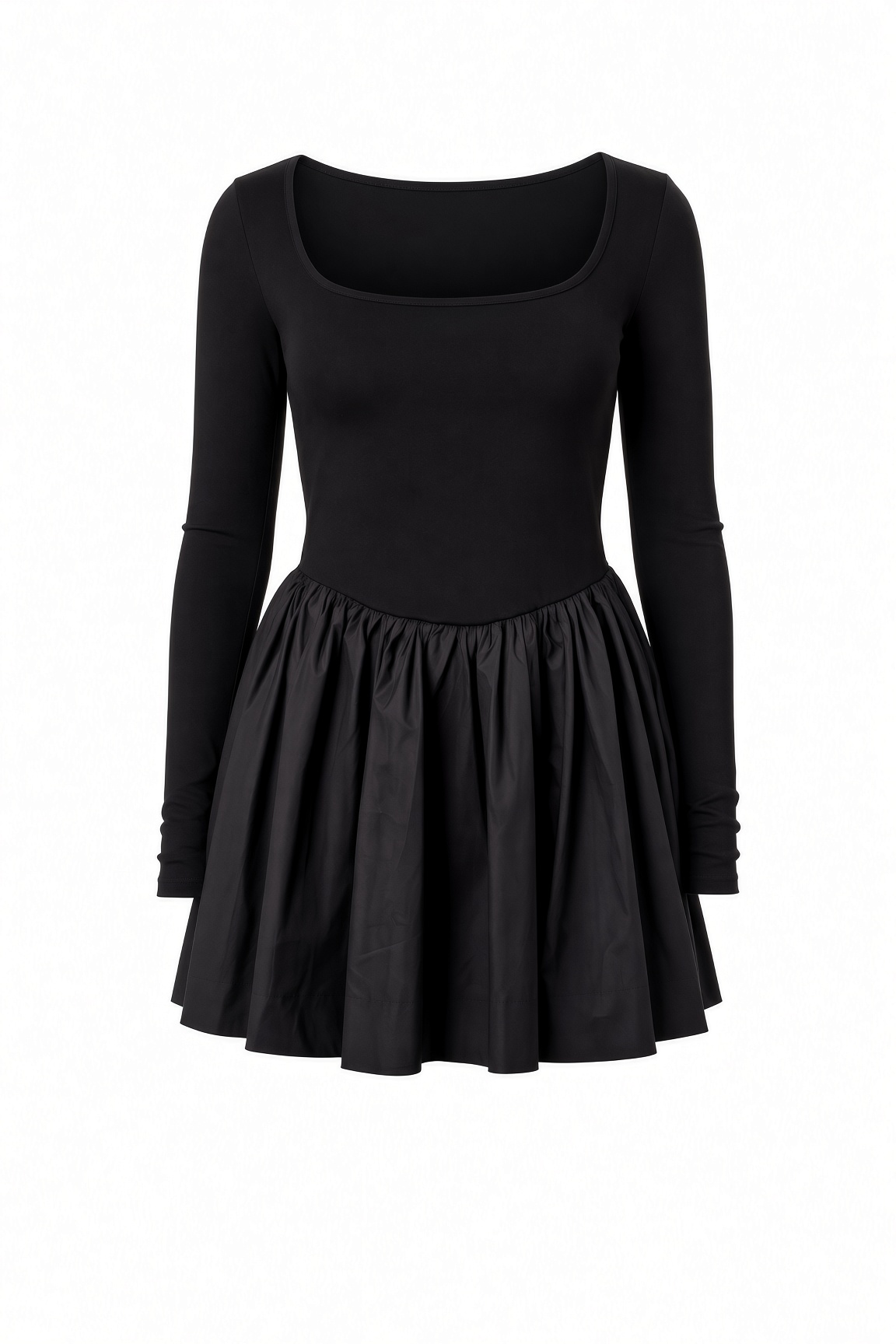 A black long-sleeve mini dress with a scoop neckline and a flared gathered skirt, shown against a plain white background.