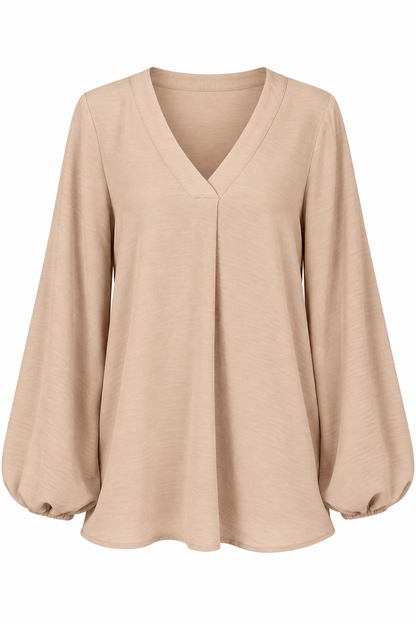 A beige long-sleeve blouse with a V-neckline and gathered balloon sleeves, shown against a plain white background.
