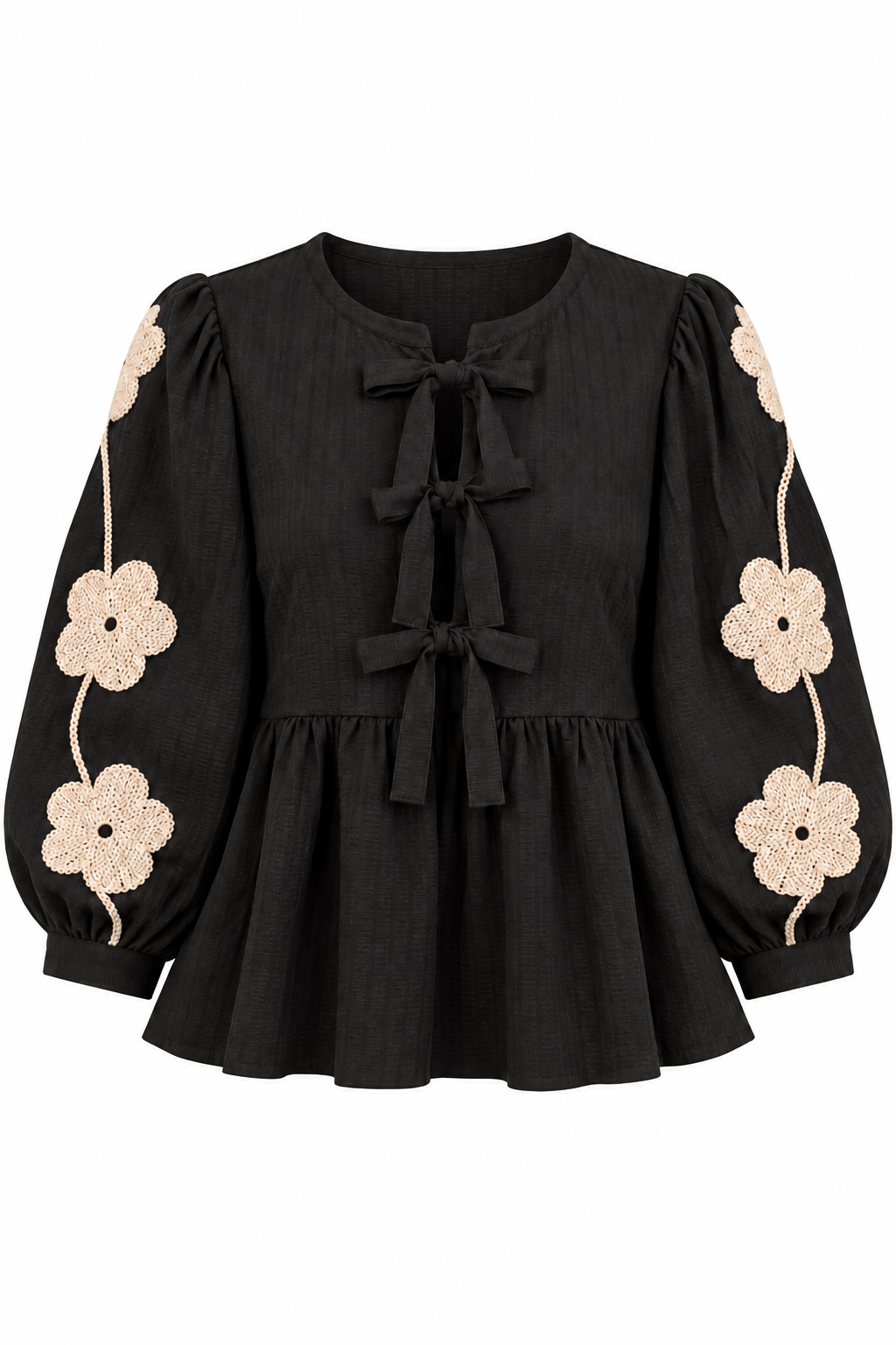 Artful Bloom Floral Applique Black Blouse