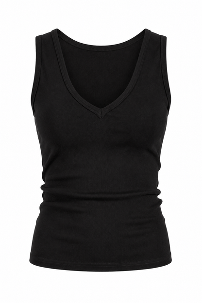 A black sleeveless tank top with a deep V-neck, shown on a plain white background.