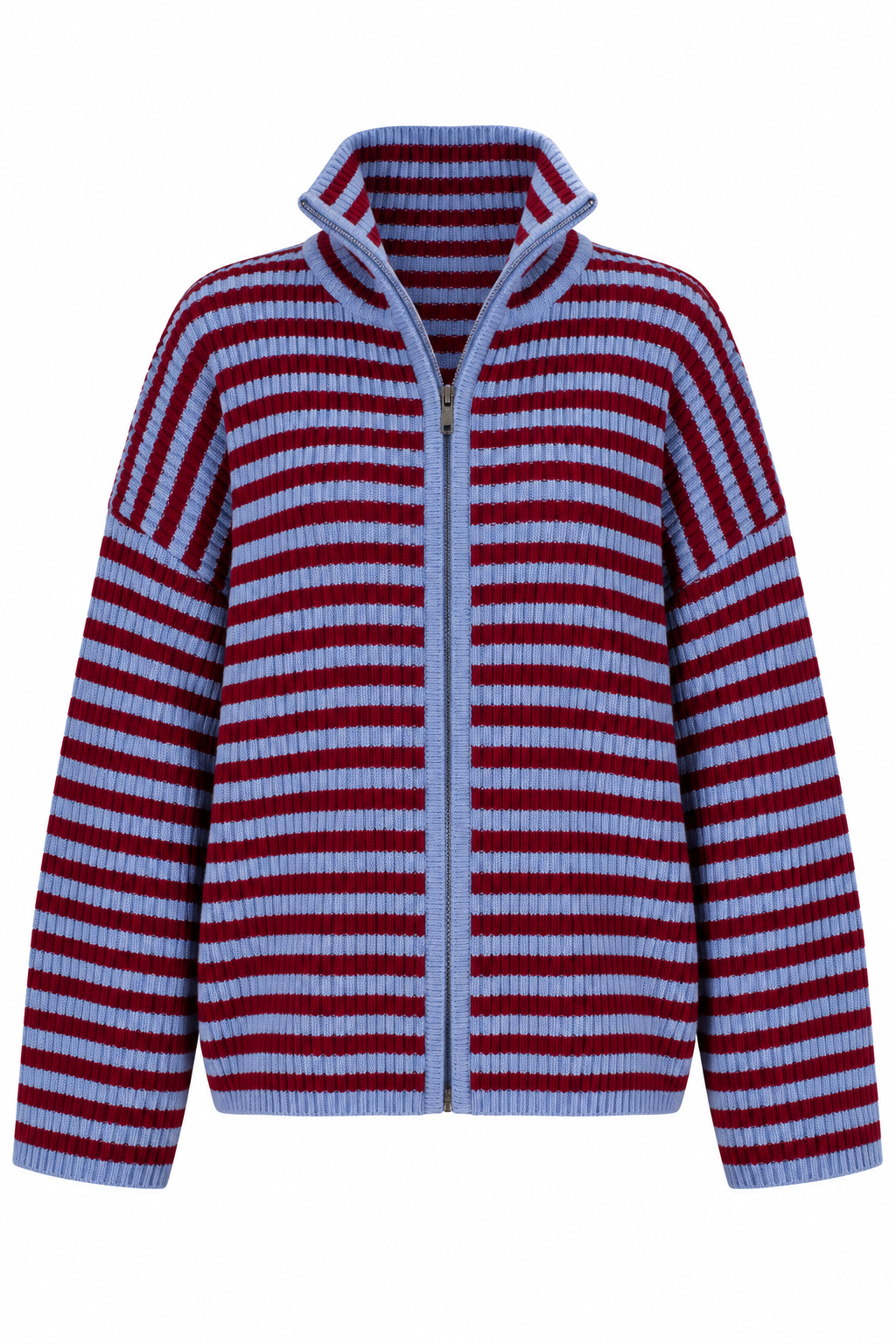 A striped knit zip-up sweater with horizontal bands of dark red and light blue, featuring a stand-up collar and full front zipper, shown on a plain white background.