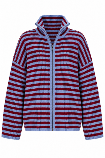 A striped knit zip-up sweater with horizontal bands of dark red and light blue, featuring a stand-up collar and full front zipper, shown on a plain white background.