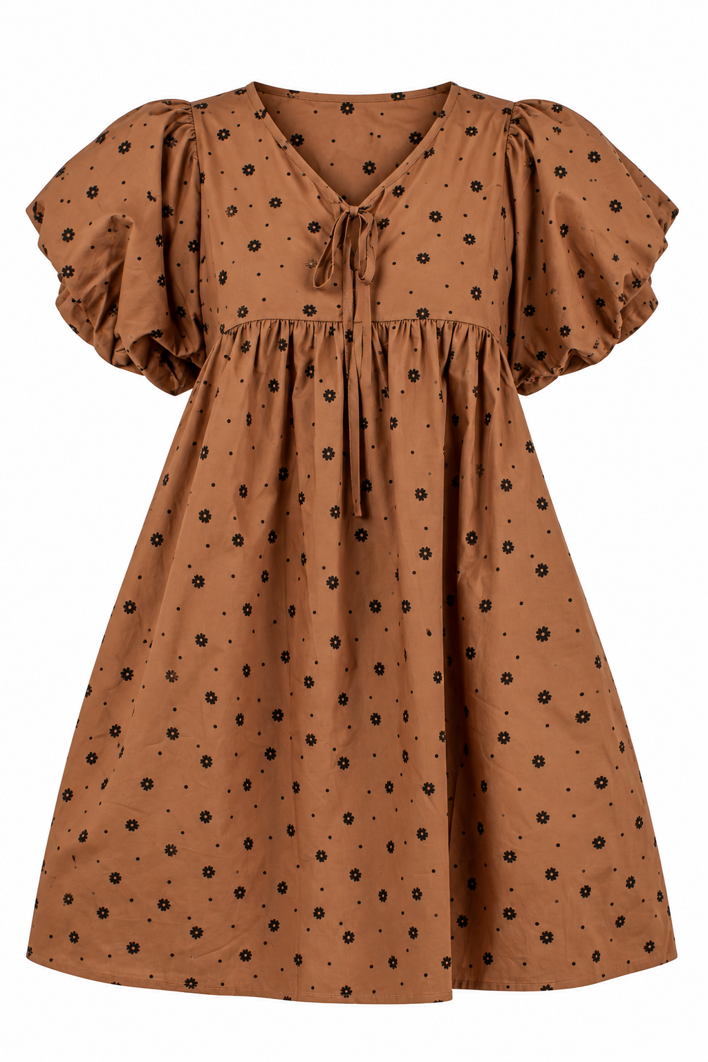 Chasing Autumn Brown Floral Puff Sleeve Mini Dress