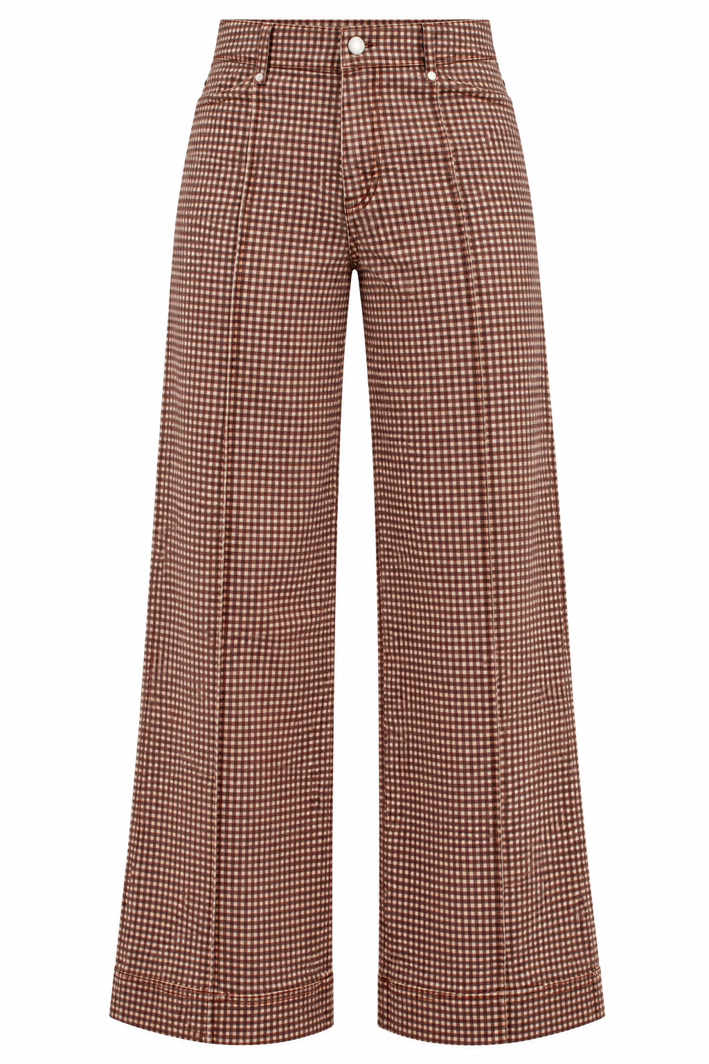 A pair of high-waisted, wide-leg trousers featuring a brown and white micro-check pattern, shown against a plain white background.