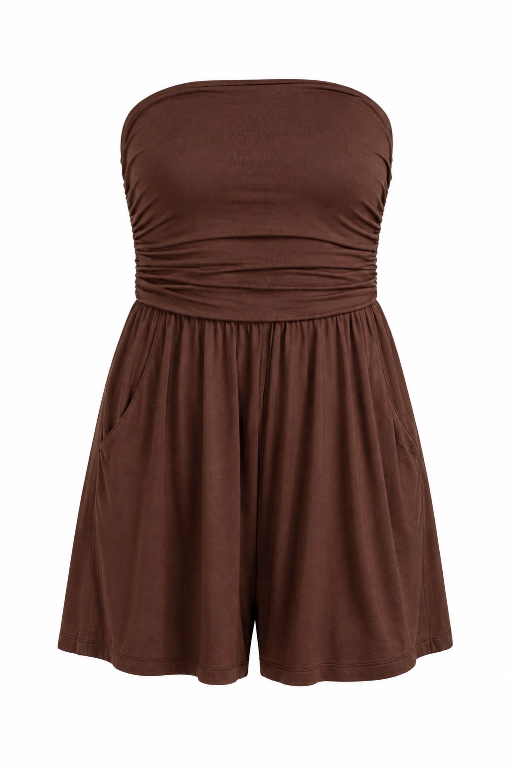 A brown strapless romper with a ruched bodice and flared shorts, displayed against a plain white background.
