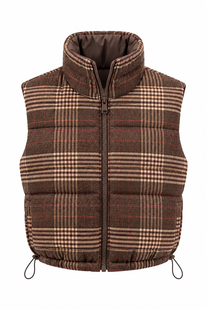 A brown quilted puffer vest with a classic beige and red windowpane plaid pattern, featuring a full-length front zipper and a high collar, shown against a plain white background.