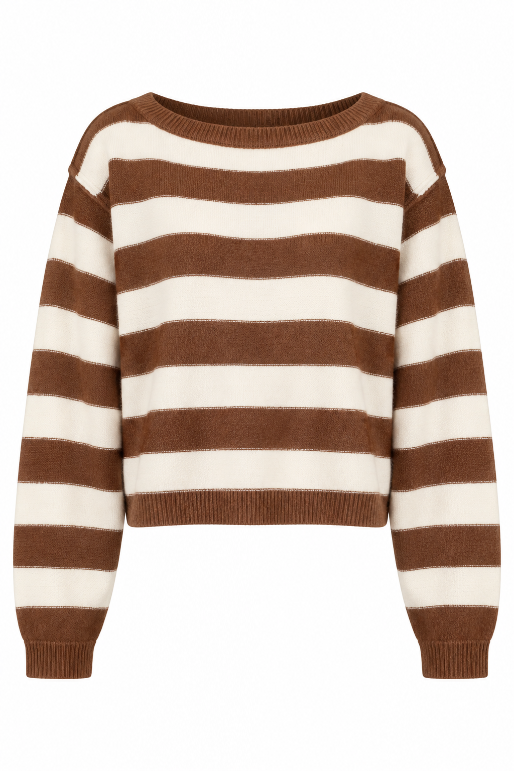 A cropped knit sweater with horizontal brown and cream stripes, featuring a wide boat neckline and long sleeves with ribbed cuffs and hem.