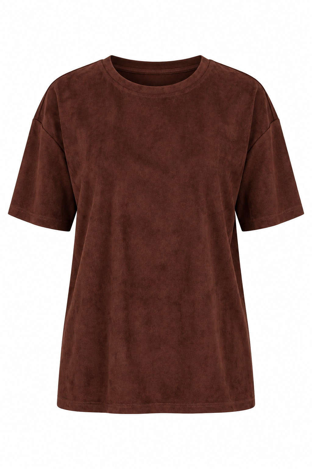 A brown short-sleeve crewneck t-shirt with a textured, suede-like finish, shown against a plain white background.