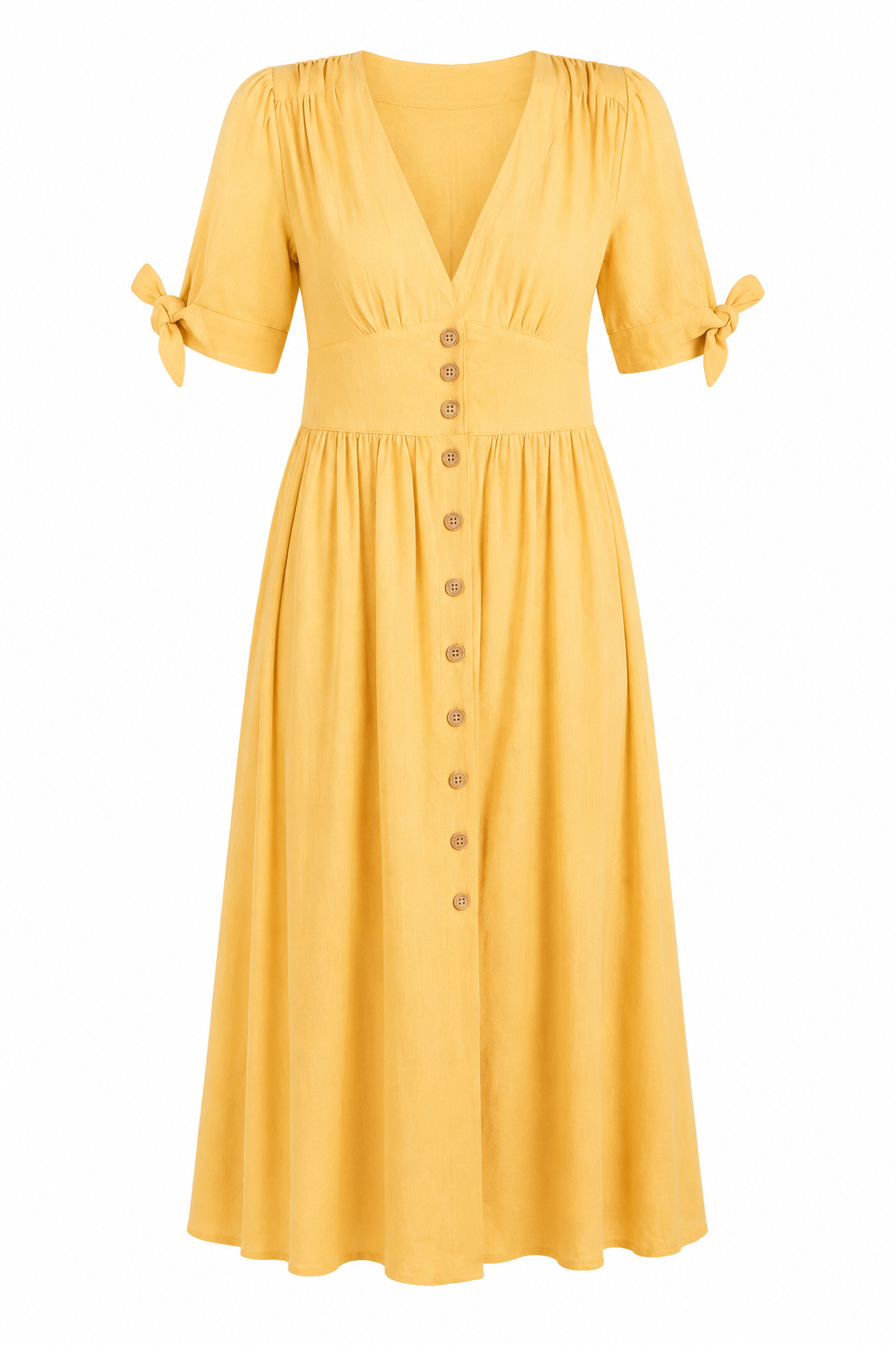 A yellow midi-length dress with short puff sleeves, tie details at the cuffs, a V-neckline, and a button-down front, shown on a plain white background.