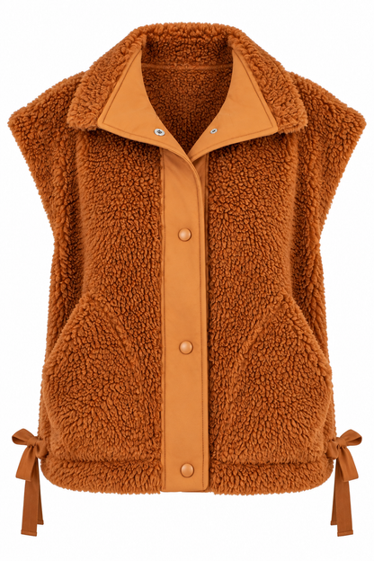 A sleeveless brown sherpa fleece vest with tan faux-leather trim, snap-button front, and side ties, shown on a plain white background.