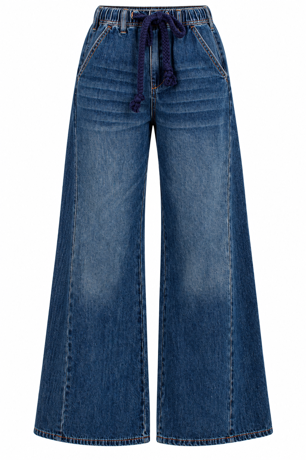 Blue wide-leg denim pants with a dark purple drawstring waist, displayed on a clean white background.