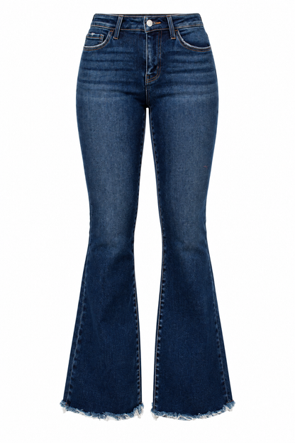 Dark blue high-waisted flare jeans with a frayed hem, shown against a plain white background.
