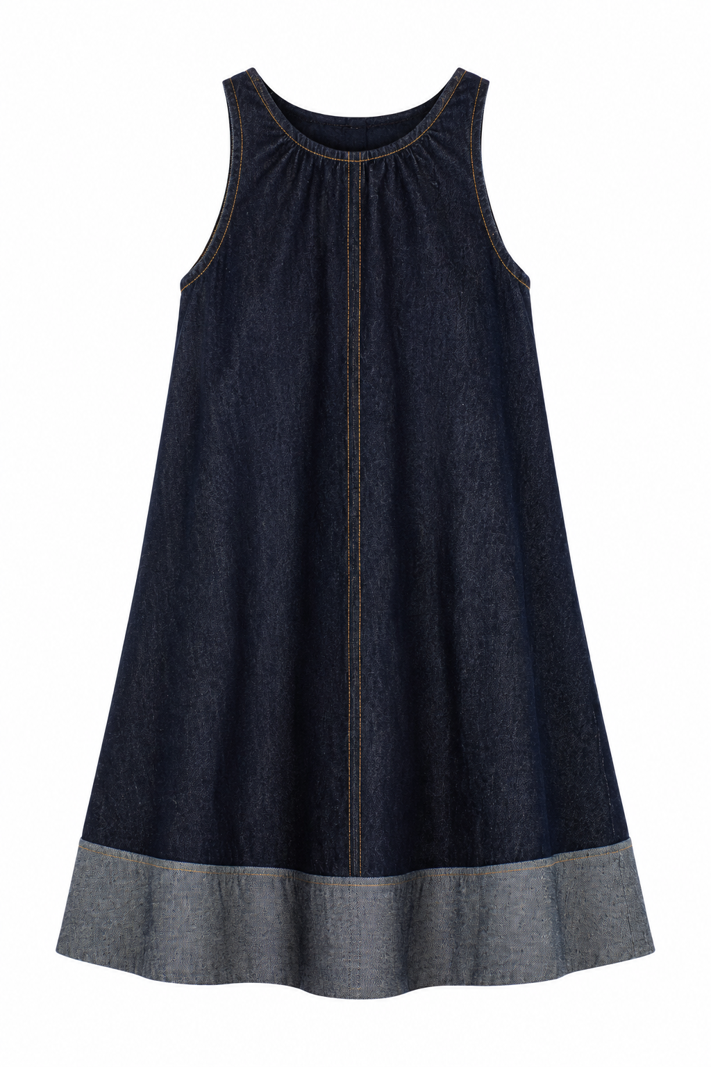 A sleeveless dark blue denim dress with a contrasting heather gray ruffled hem, shown against a plain white background.