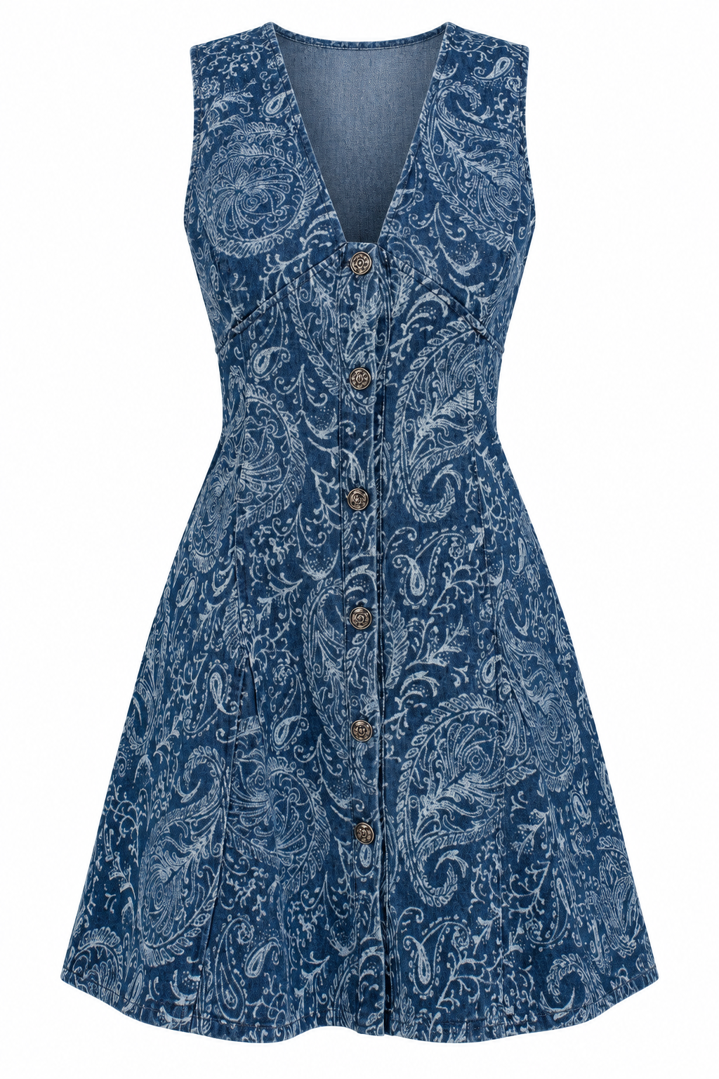 A sleeveless V-neck dress with a blue and white paisley pattern, featuring a button-down front and a flared skirt, shown against a plain white background.