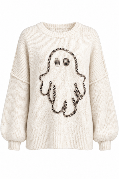 An off-white ribbed knit crewneck sweater featuring a large, stylized ghost graphic outlined in black across the chest.