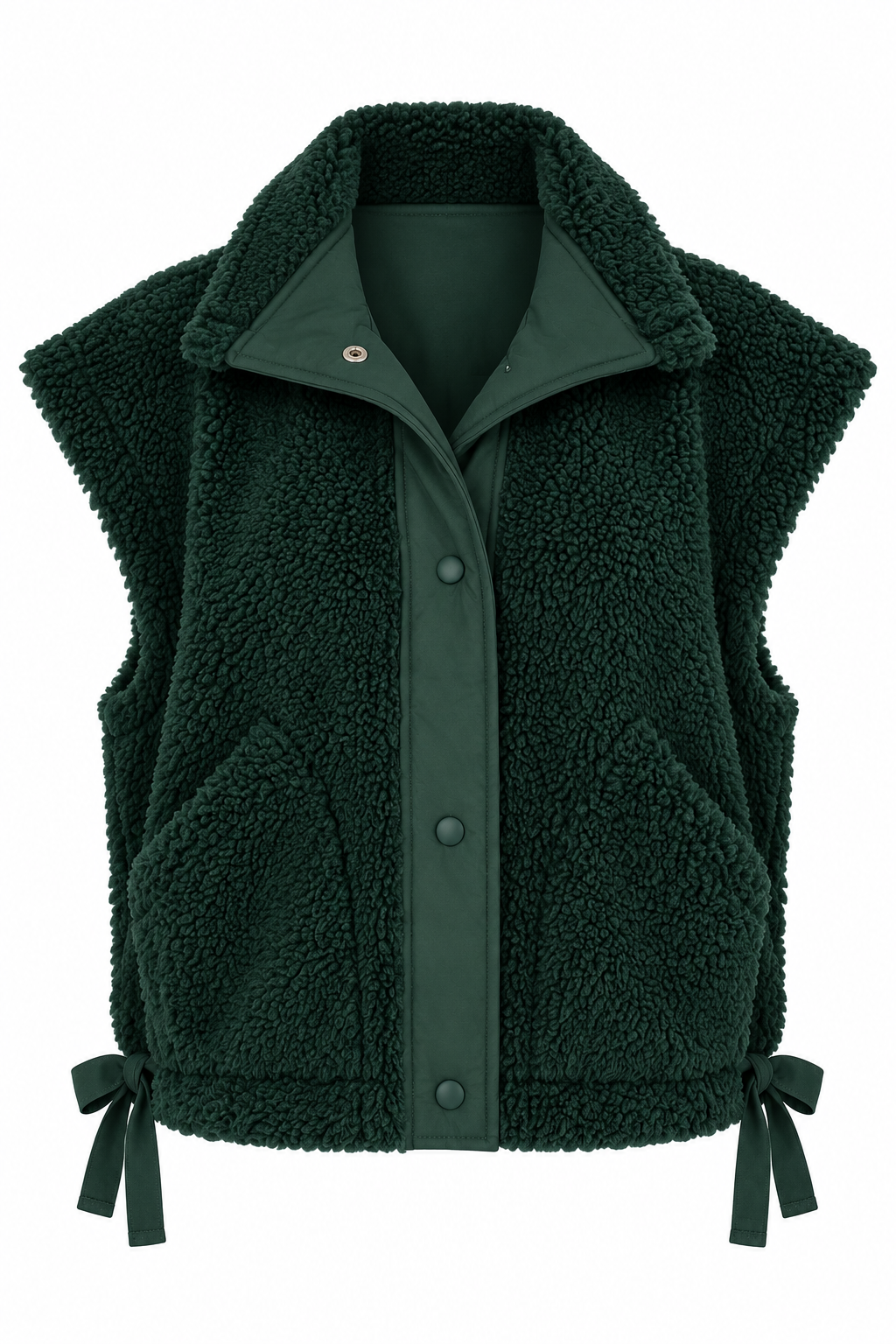 A dark forest green fleece vest with a button-up front, ribbed collar, and matching green tie-bows at the bottom corners, shown against a plain white background.