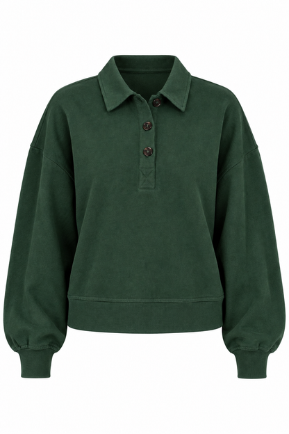 A dark green long-sleeve polo sweatshirt with a three-button placket, ribbed hem and cuffs, and a relaxed fit, shown against a plain white background.