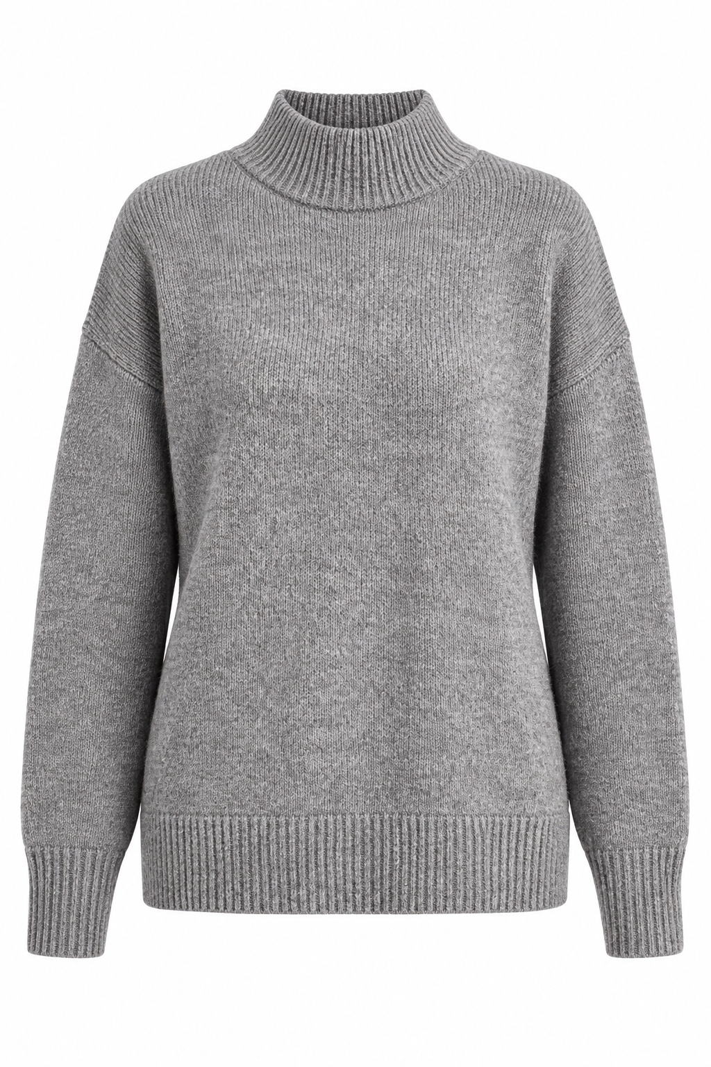A light gray ribbed knit sweater with a mock neck, long sleeves, and ribbed cuffs and hem, shown against a plain white background.