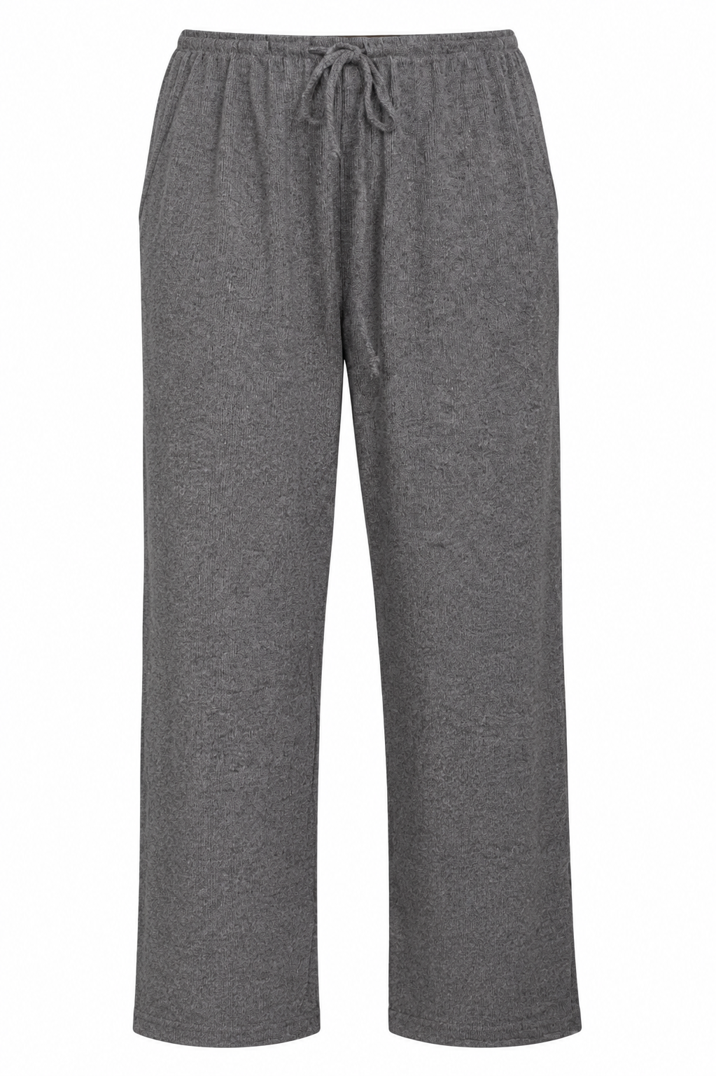 A pair of heather gray wide-leg lounge pants with an elastic waistband and drawstring, shown against a plain white background.