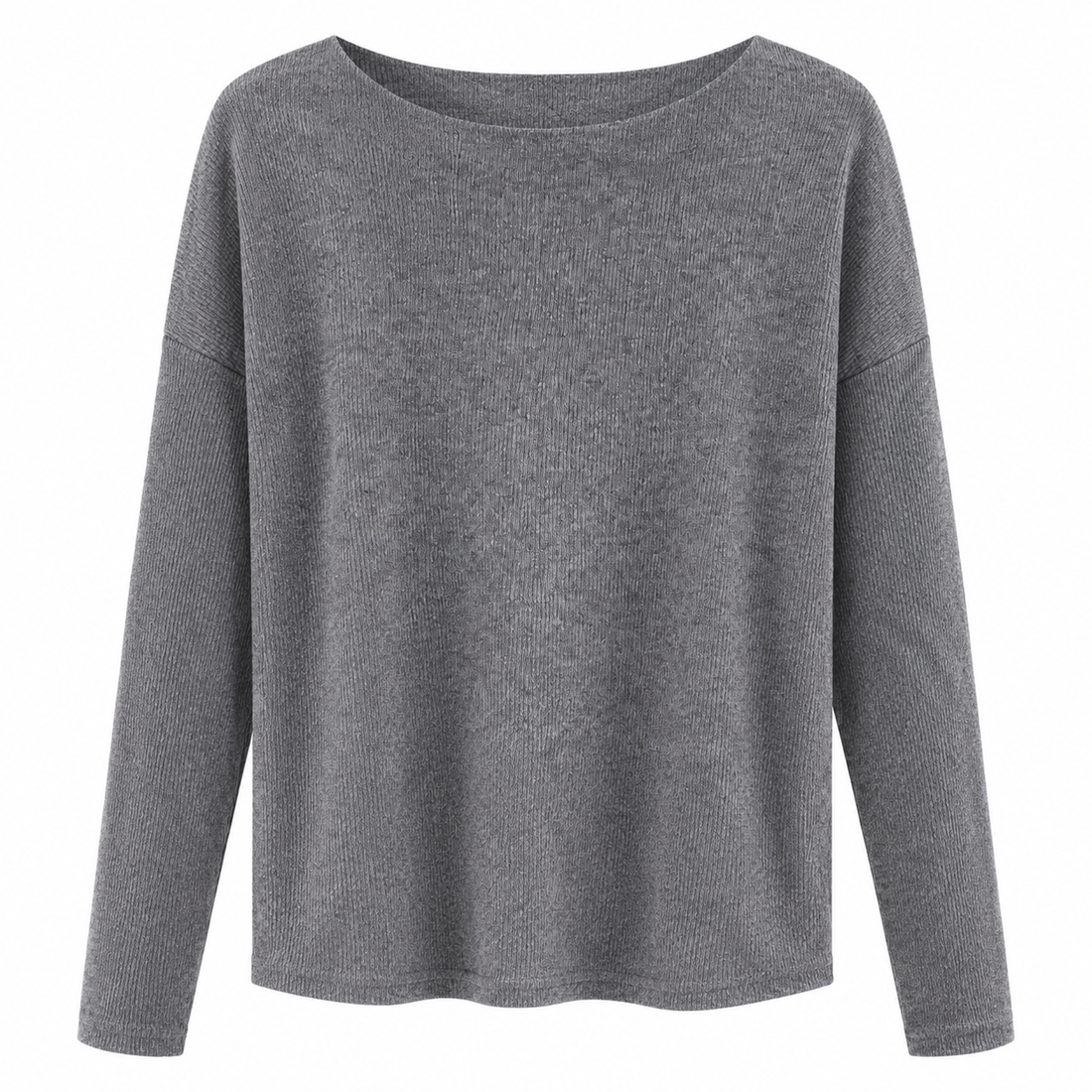 A gray long-sleeve knit top with a wide boat neckline, displayed on a clean white background.