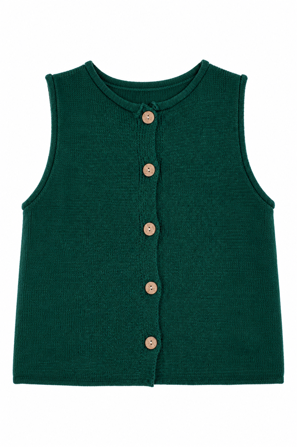 A dark green ribbed knit sleeveless vest with a button-up front, featuring five light brown wooden buttons, shown flat on a white background.