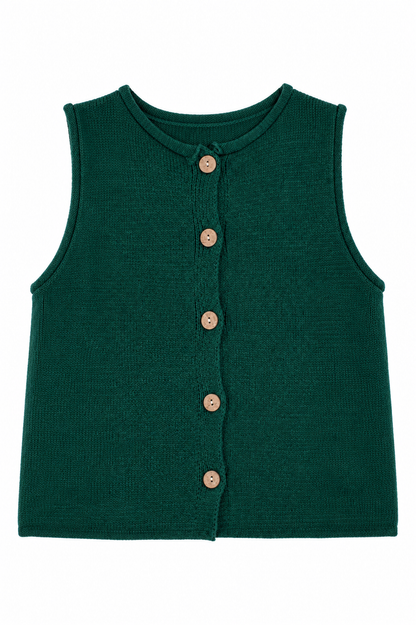 A dark green ribbed knit sleeveless vest with a button-up front, featuring five light brown wooden buttons, shown flat on a white background.