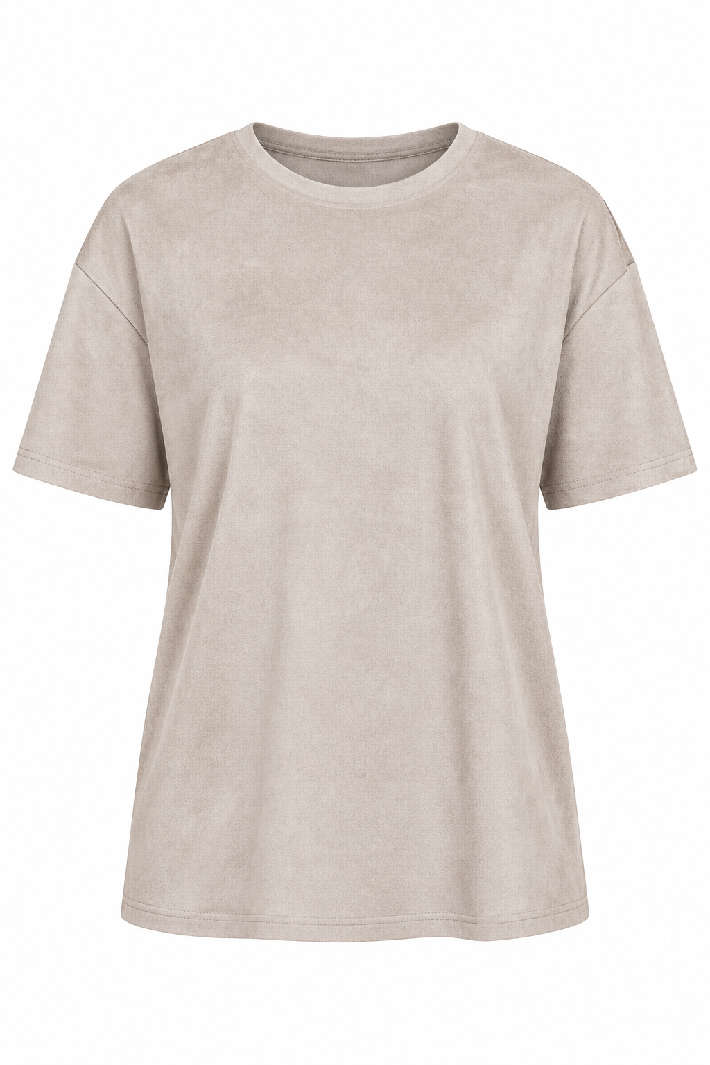 A short-sleeve crewneck t-shirt in a light beige or sand color, shown against a plain white background.