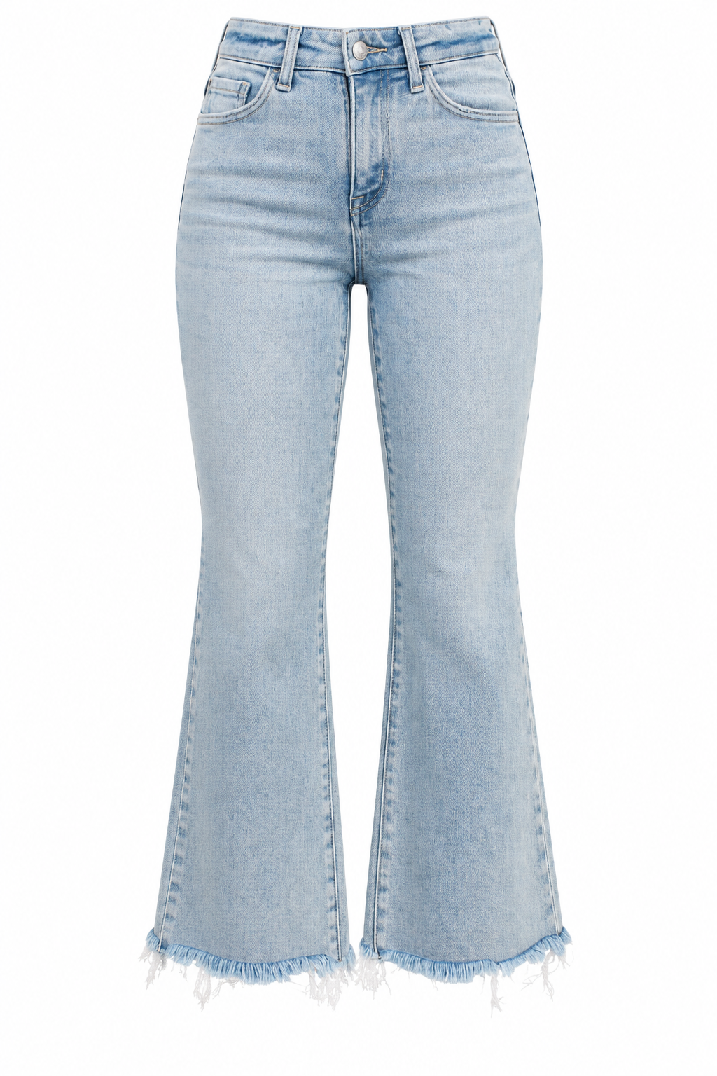 Light wash blue denim flare jeans with a frayed hem, shown against a plain white background.
