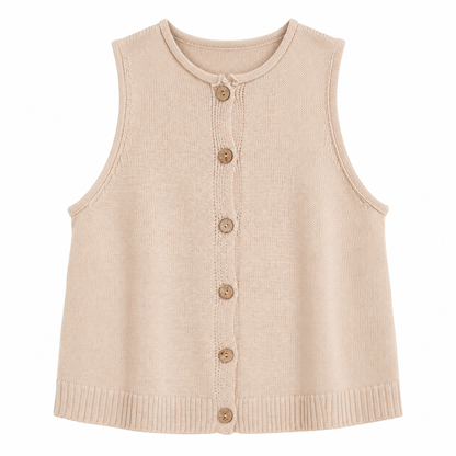 A sleeveless beige knit vest with a round neckline and five brown buttons down the front, shown on a plain white background.