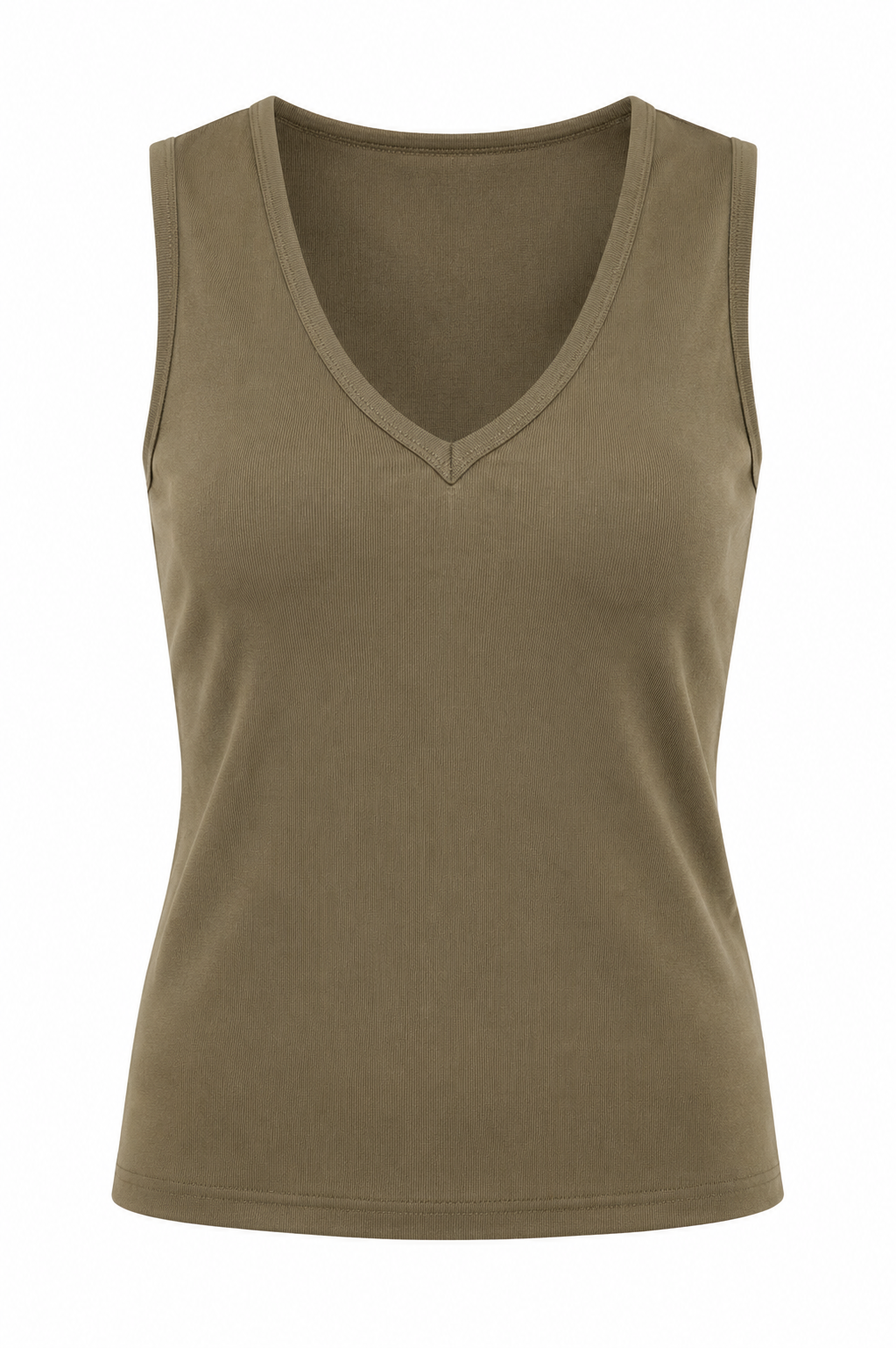 An olive green ribbed tank top with a V-neckline, shown on a plain white background.