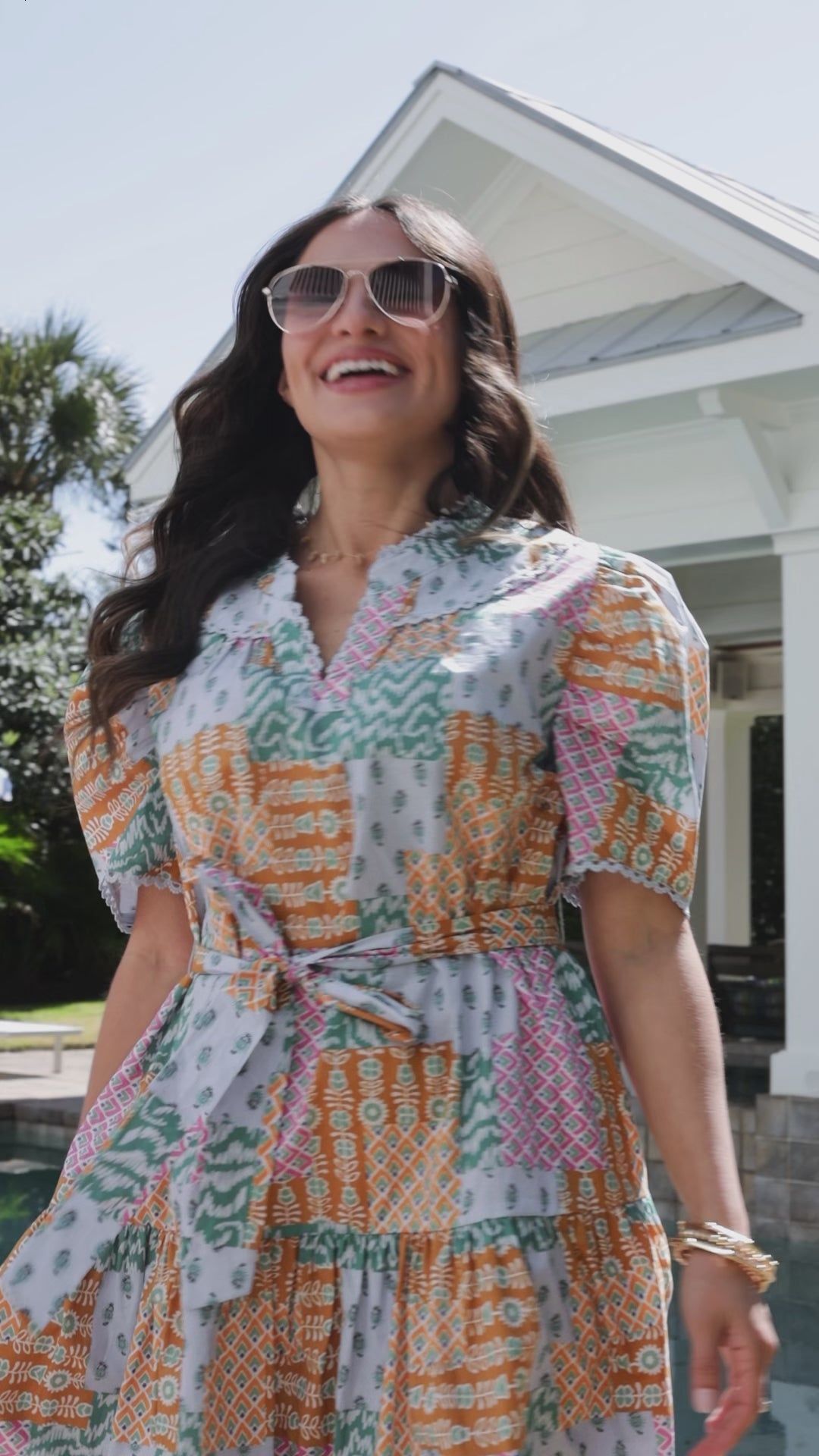 Market Stroll Patchwork Print Light Blue Mini Dress