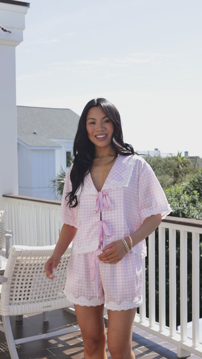 Cozy Girl Gingham Tie-Front Pajama Top