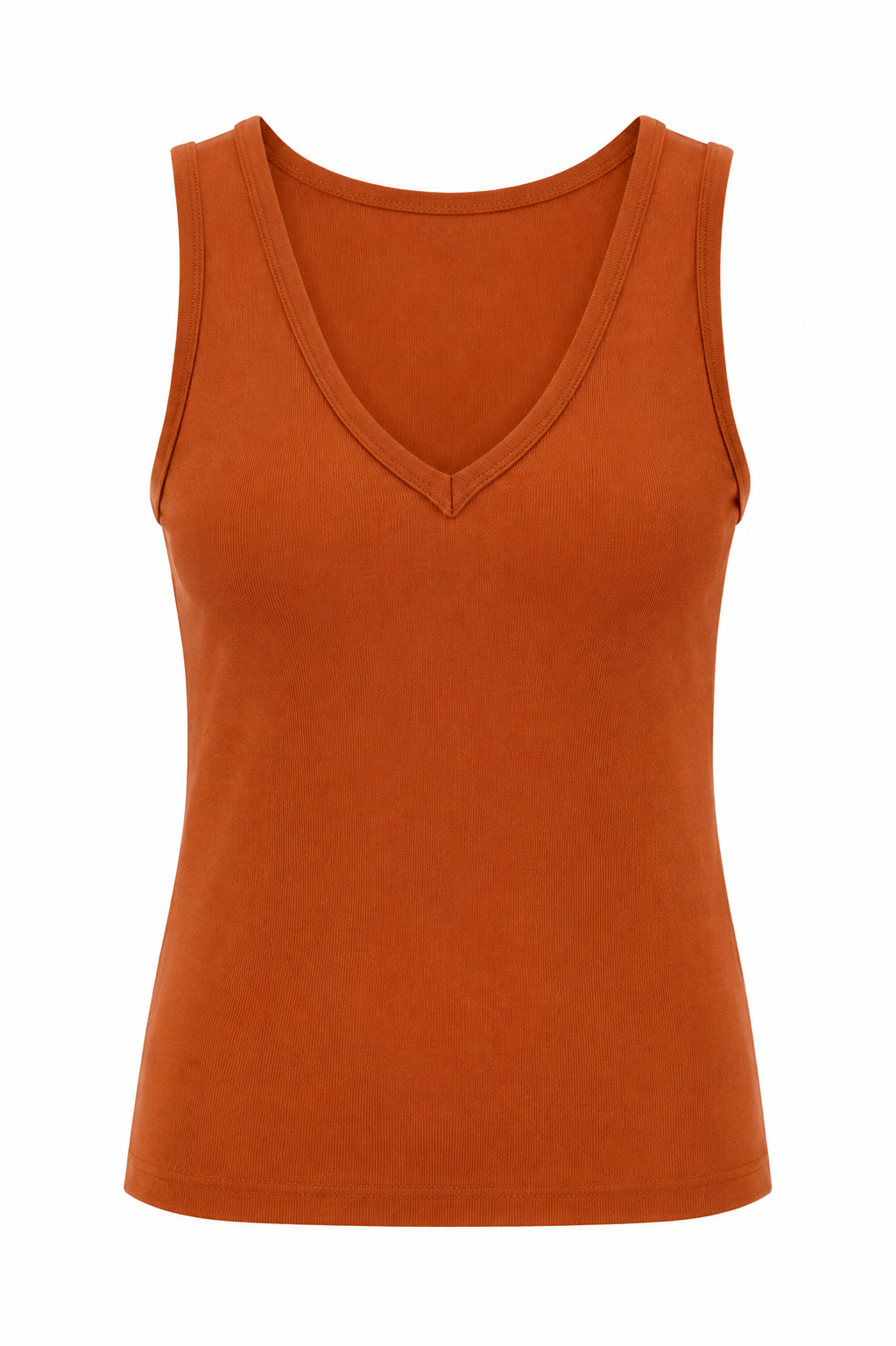 A sleeveless V-neck tank top in a burnt orange color, shown against a plain white background.