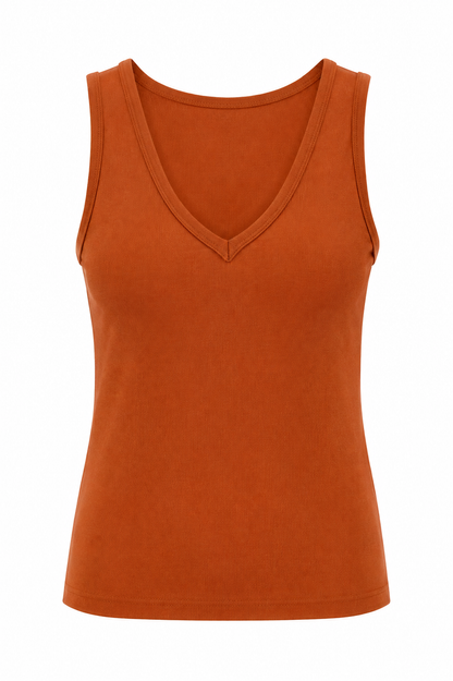 A sleeveless V-neck tank top in a burnt orange color, shown against a plain white background.