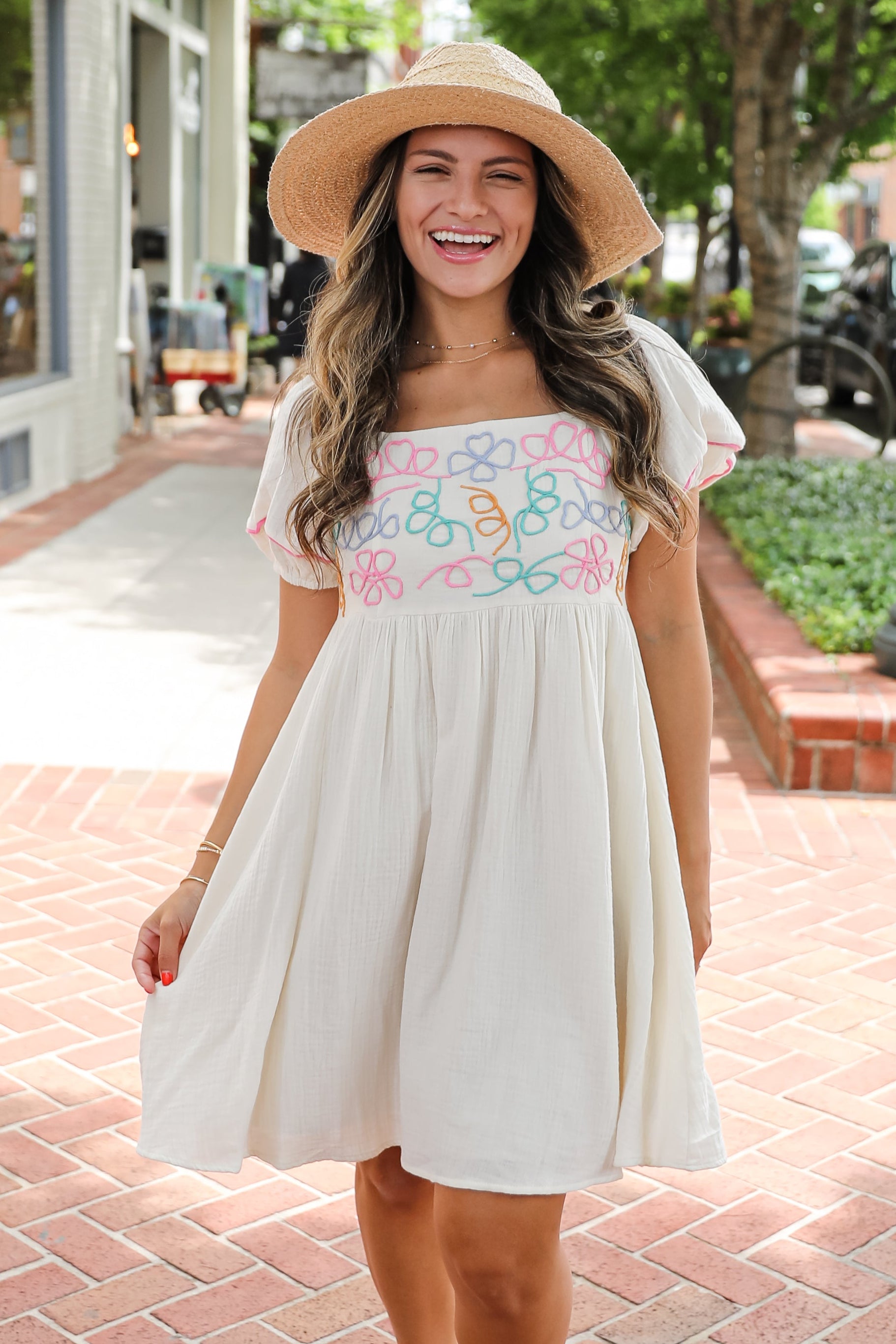 Sweet Meadow Cream Linen Embroidered Babydoll Mini Dress