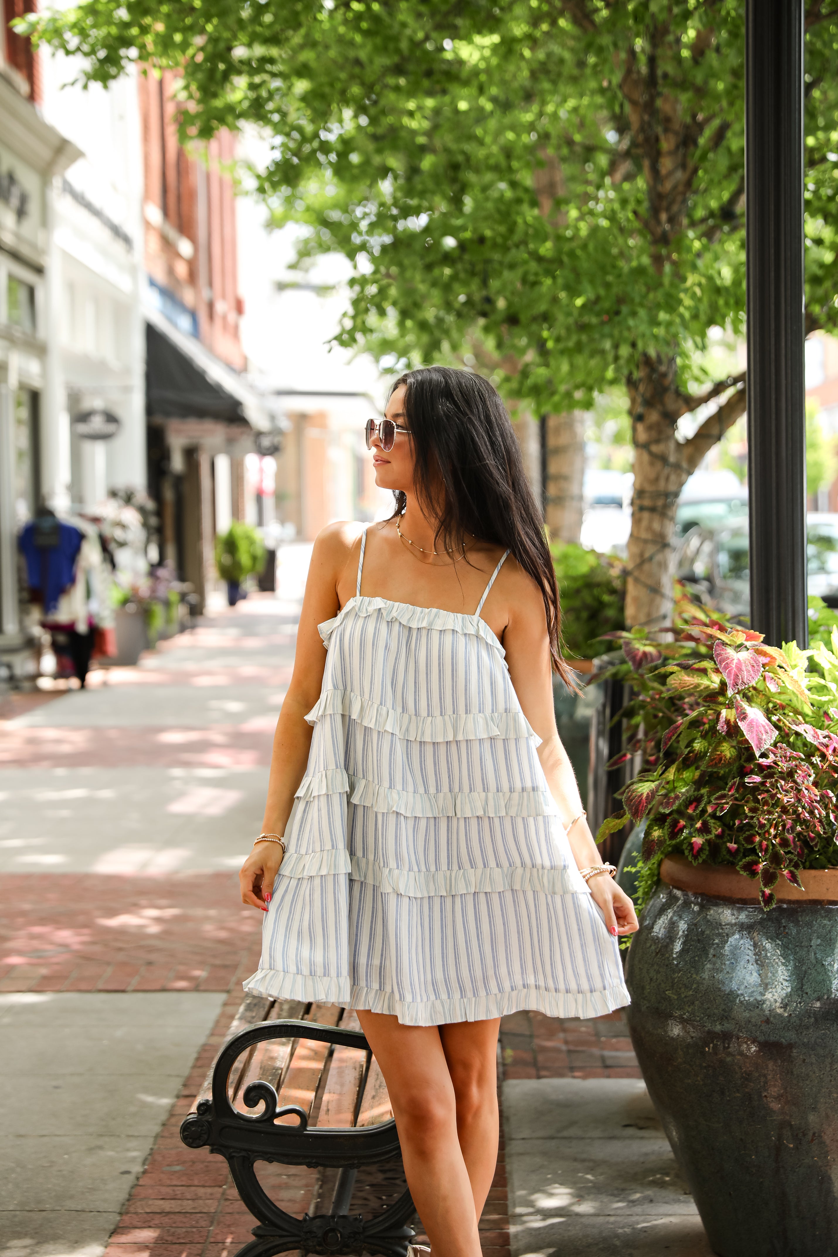Wondrous Muse Light Blue Striped Tiered Ruffle Mini Dress