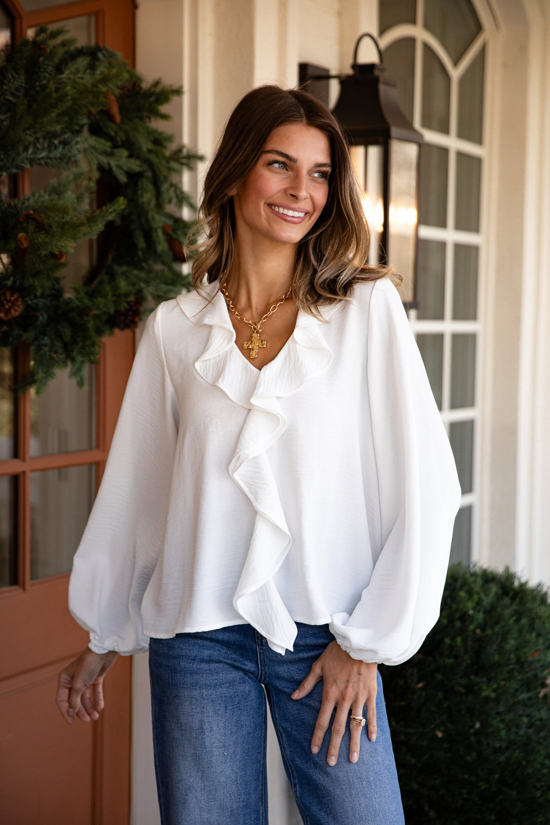 Snowfall Ruffle Off White Blouse - DU Deal