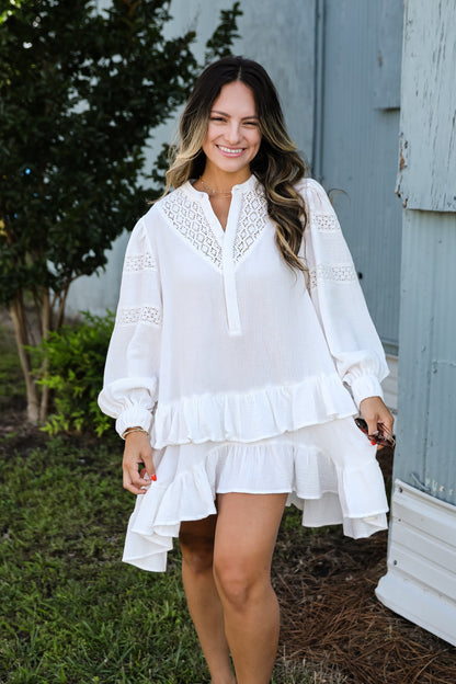 Prominent Charm Off White Linen Ruffle Mini Dress