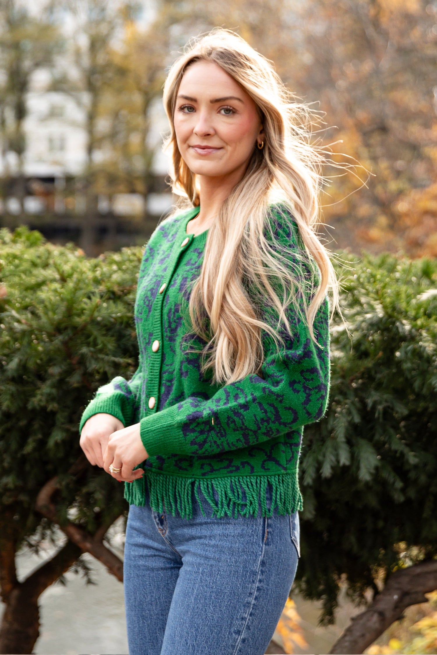 green fringe sweater