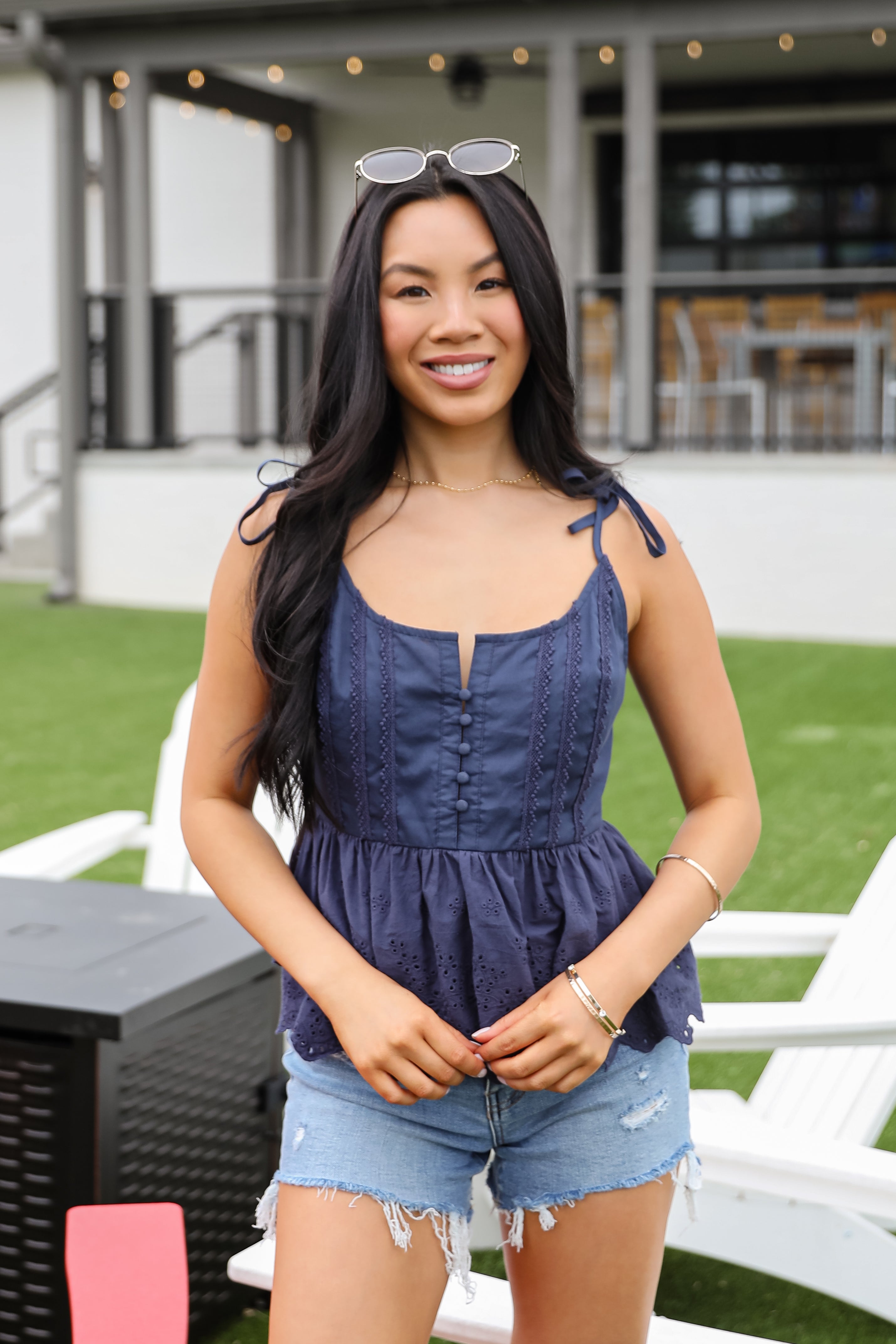 Land That I Love Navy Eyelet Tank