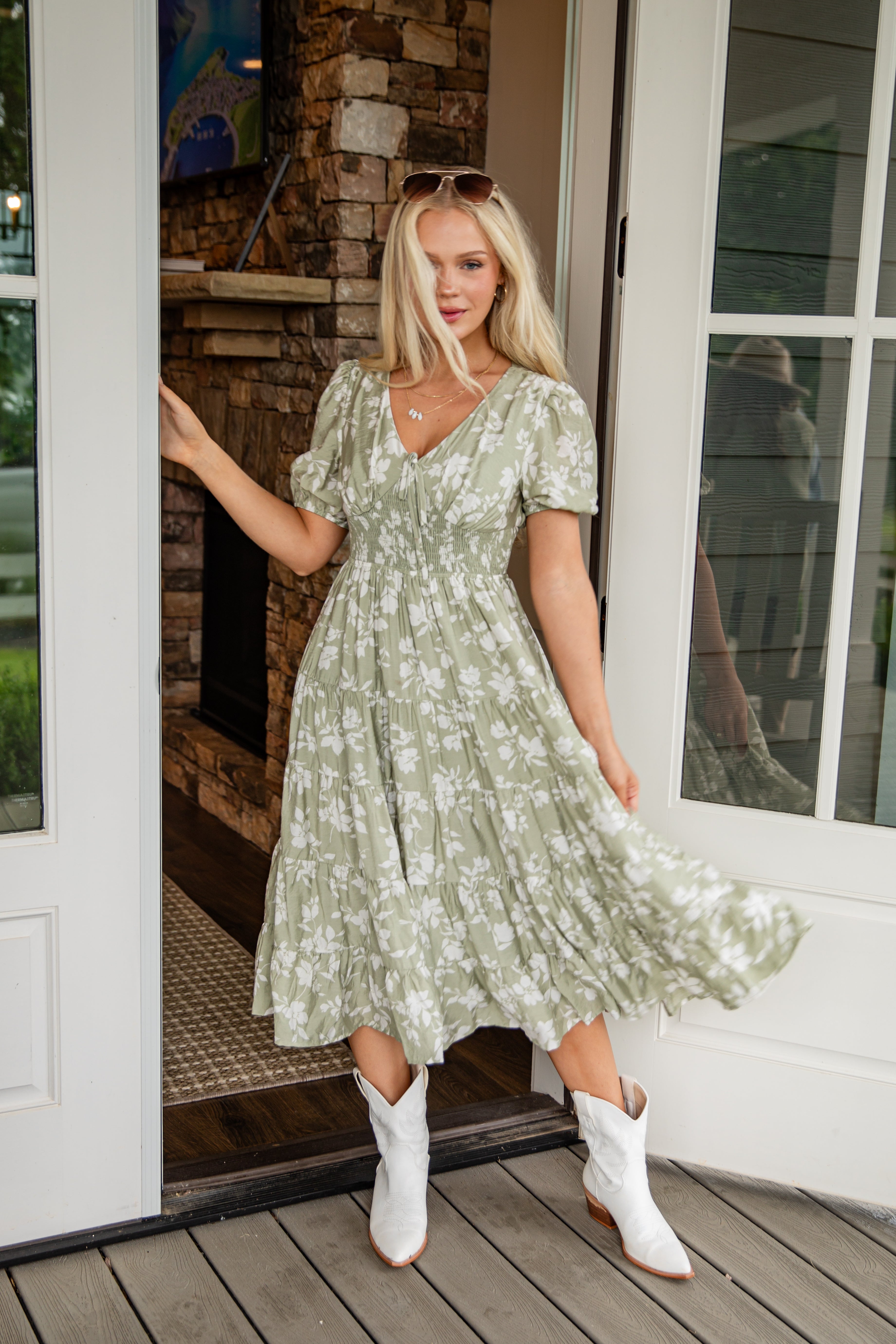 FINAL SALE - Second Nature Sage Floral Tiered Midi Dress