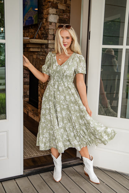 FINAL SALE - Second Nature Sage Floral Tiered Midi Dress