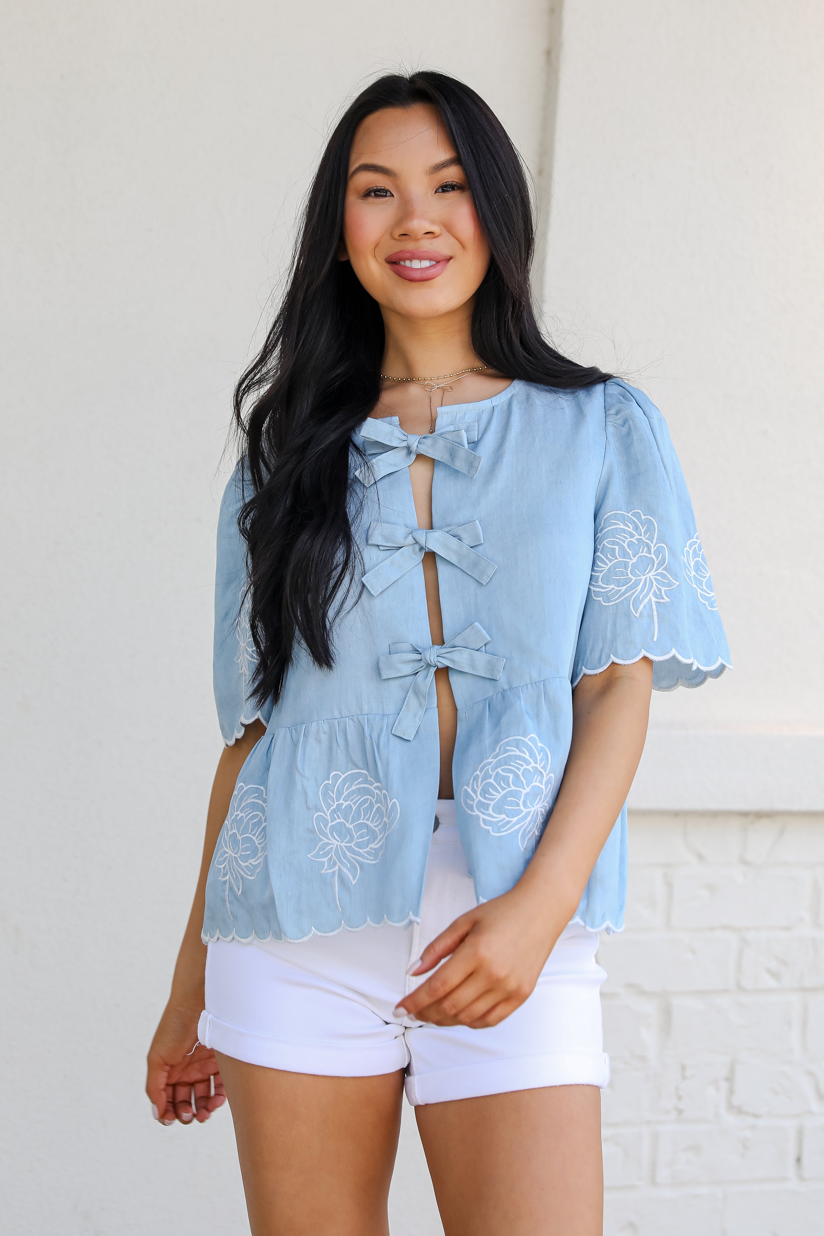 Dreams Unfolding Denim Floral Embroidered Bow Blouse