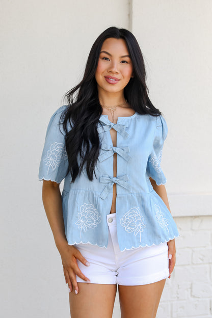 Dreams Unfolding Denim Floral Embroidered Bow Blouse