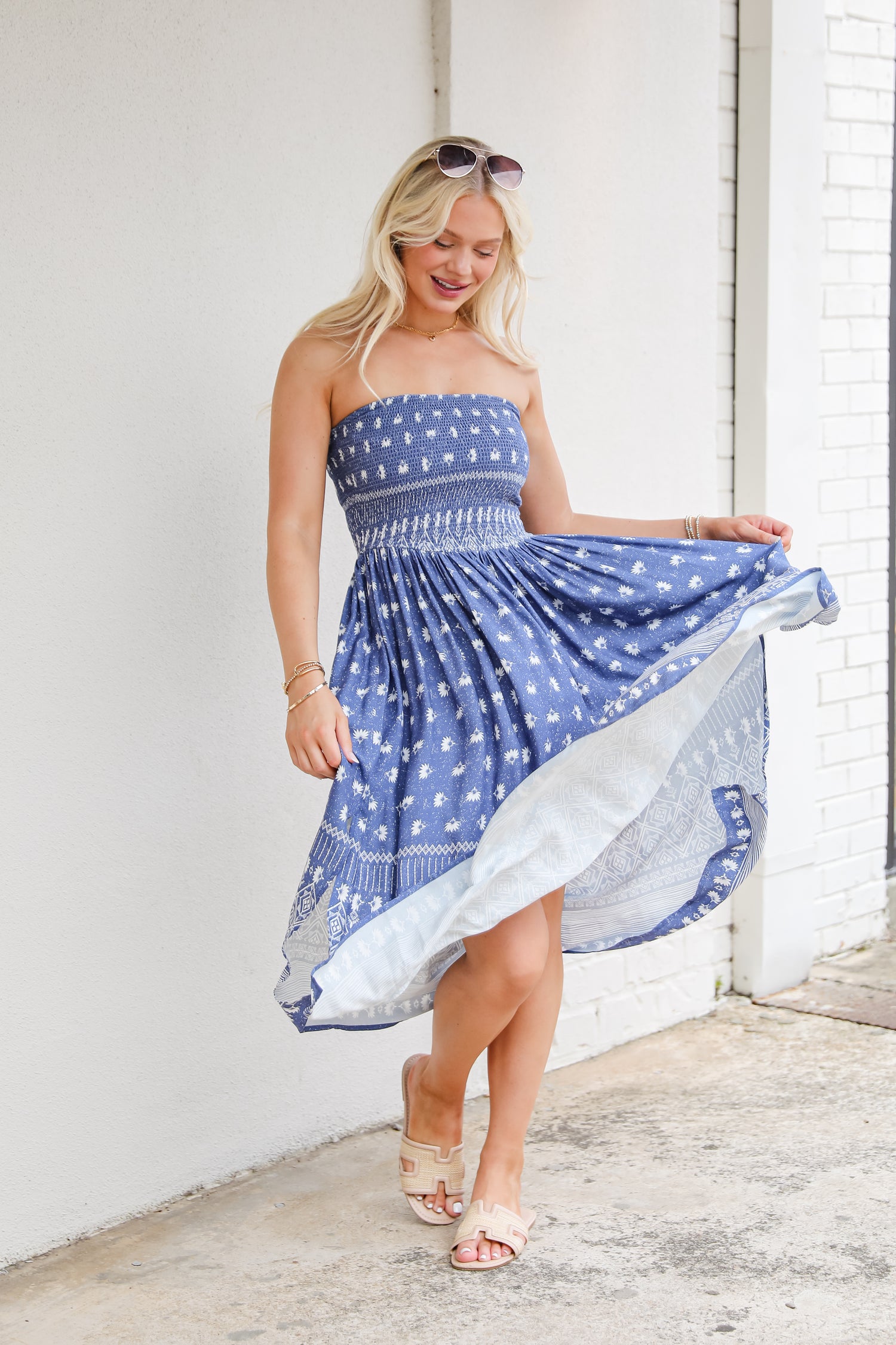 Saltwater Essential Blue Strapless Smocked Midi Dress