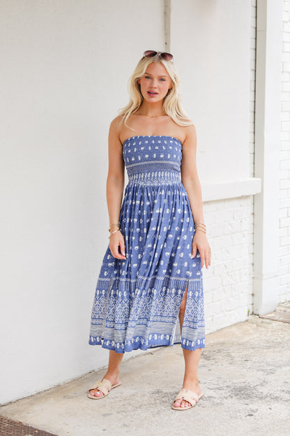 Saltwater Essential Blue Strapless Smocked Midi Dress