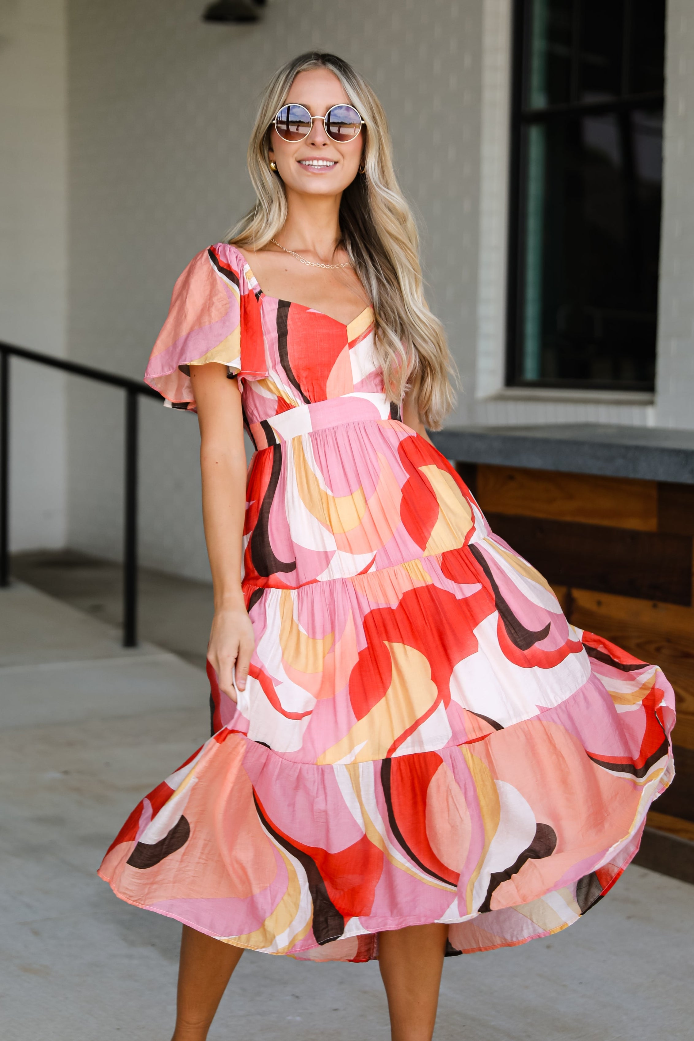 All Coming Together Coral Tiered Midi Dress