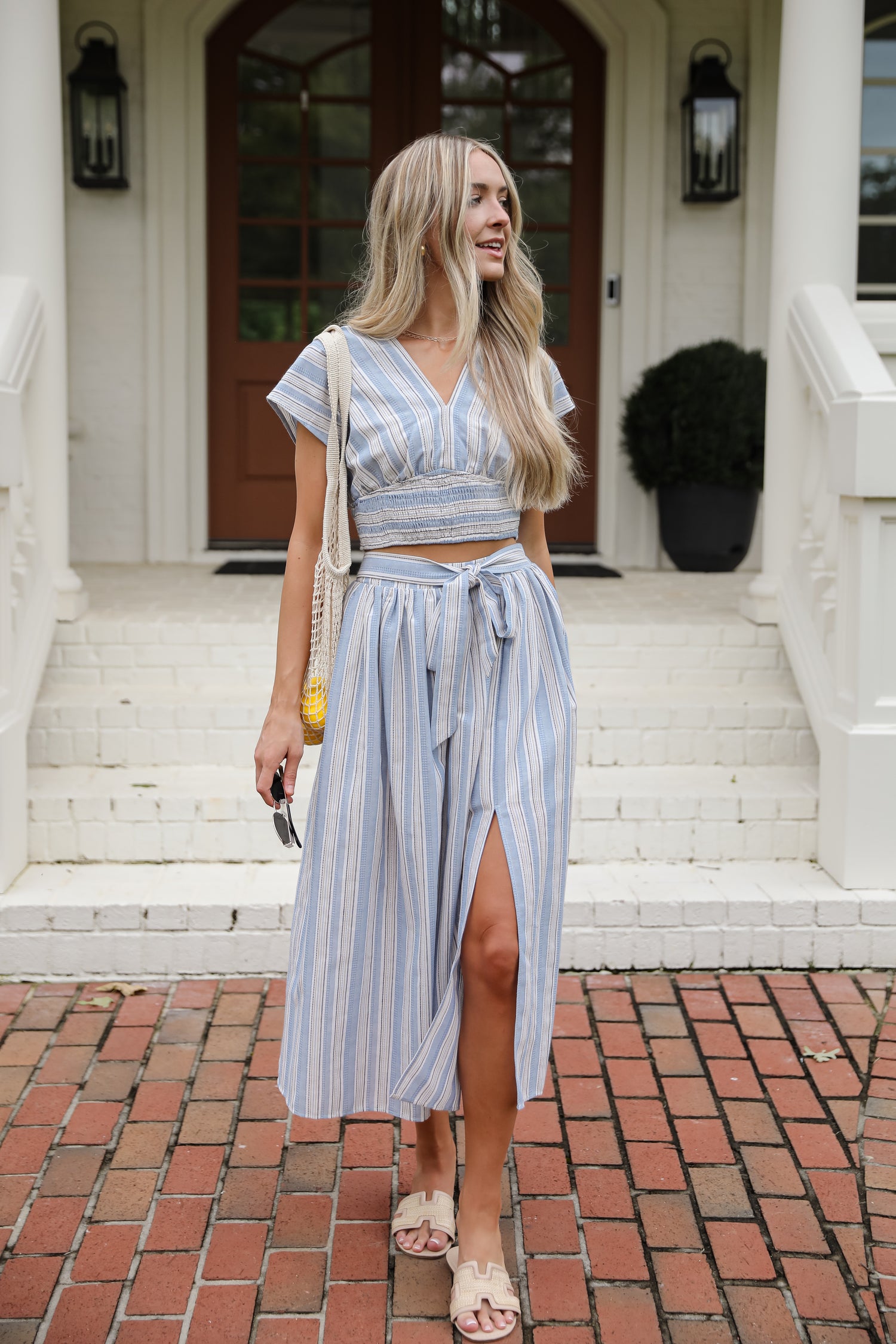 Feels Like Love Blue Striped Midi Skirt