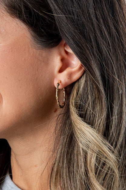 Close-up of a person wearing gold hoop earrings with shoulder-length hair.