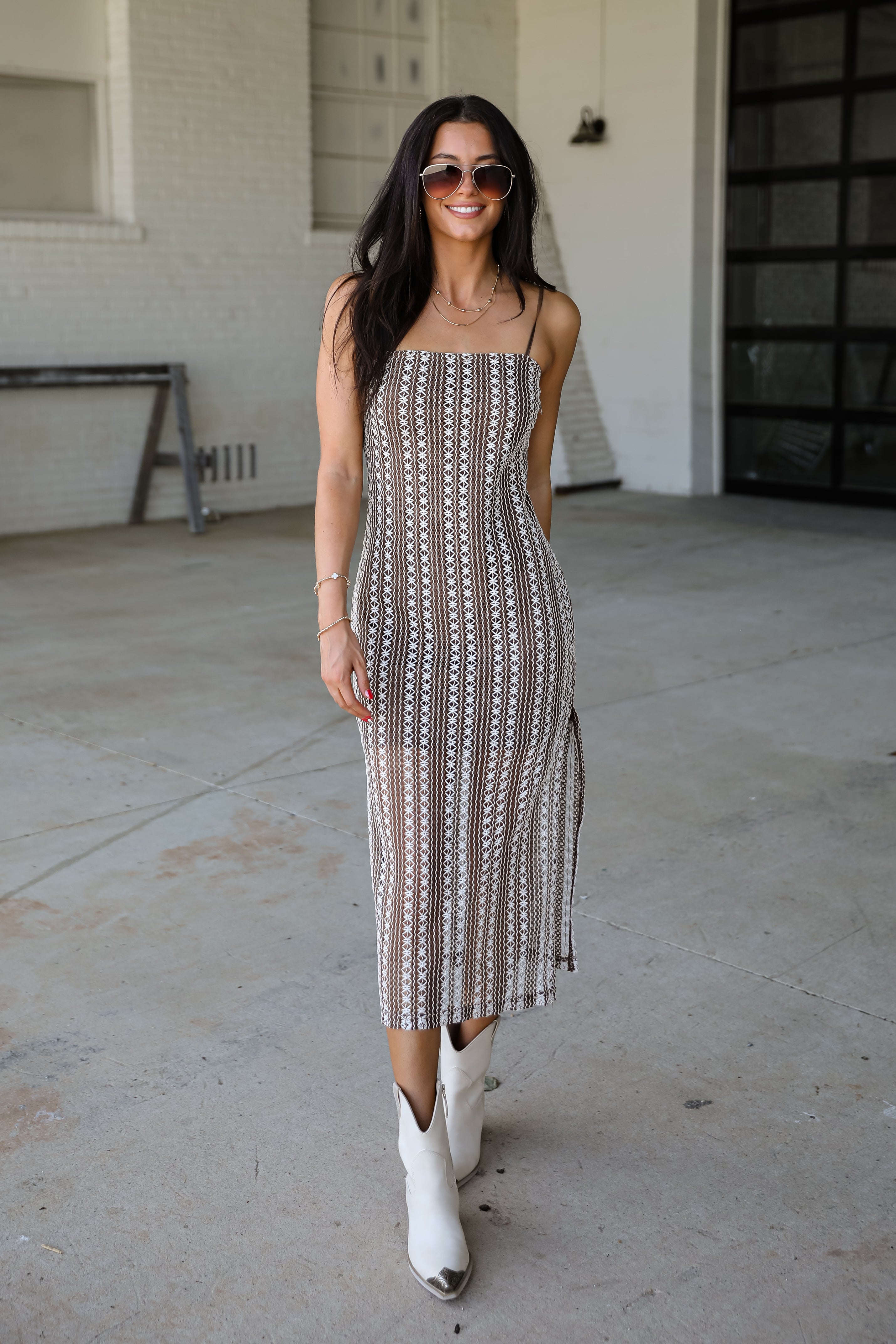 Stroll The Beaches Brown Crochet Midi Dress